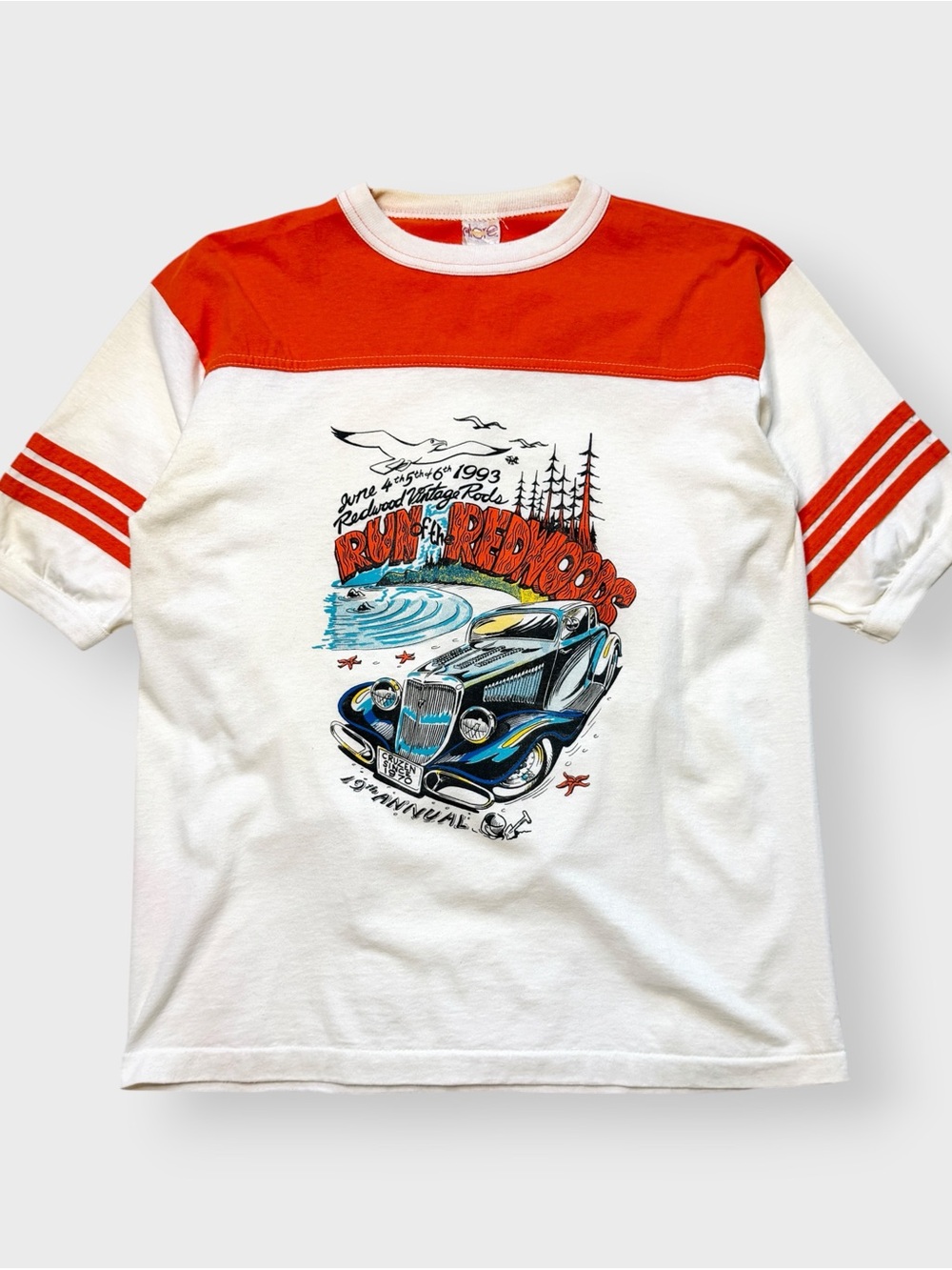 Vintage 1993 Good Guys Run of the Redwoods Ringer Shirt, Alore Hot Rod 80s 90s L